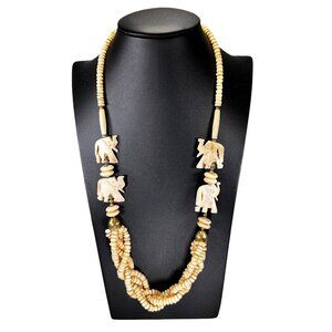 Vtg Carved Bovine Bone African Elephant Necklace Tribal Boho Beads Woven Braided
